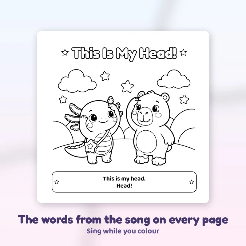 One colouring page from Book 1 with the song words